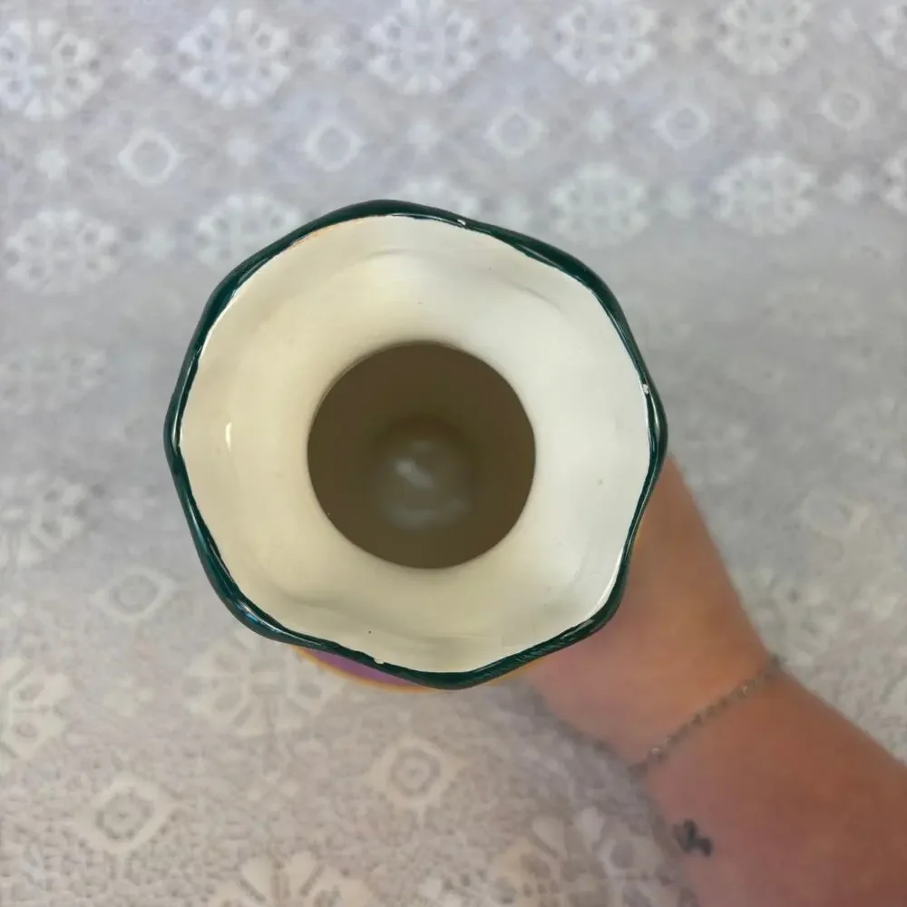 Vintage Hand Painted Ceramic Vase Colorful Tulip Floral Scalloped Rim 8